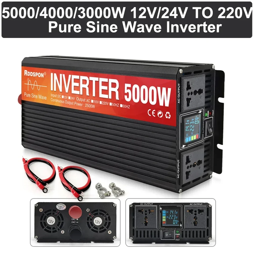 

RDDSPON Pure Sine Wave Inverter Double Socket 5000W 4000W 3000W LCD Display DC 12V 24V To AC 220V Voltage Converter Power Supply