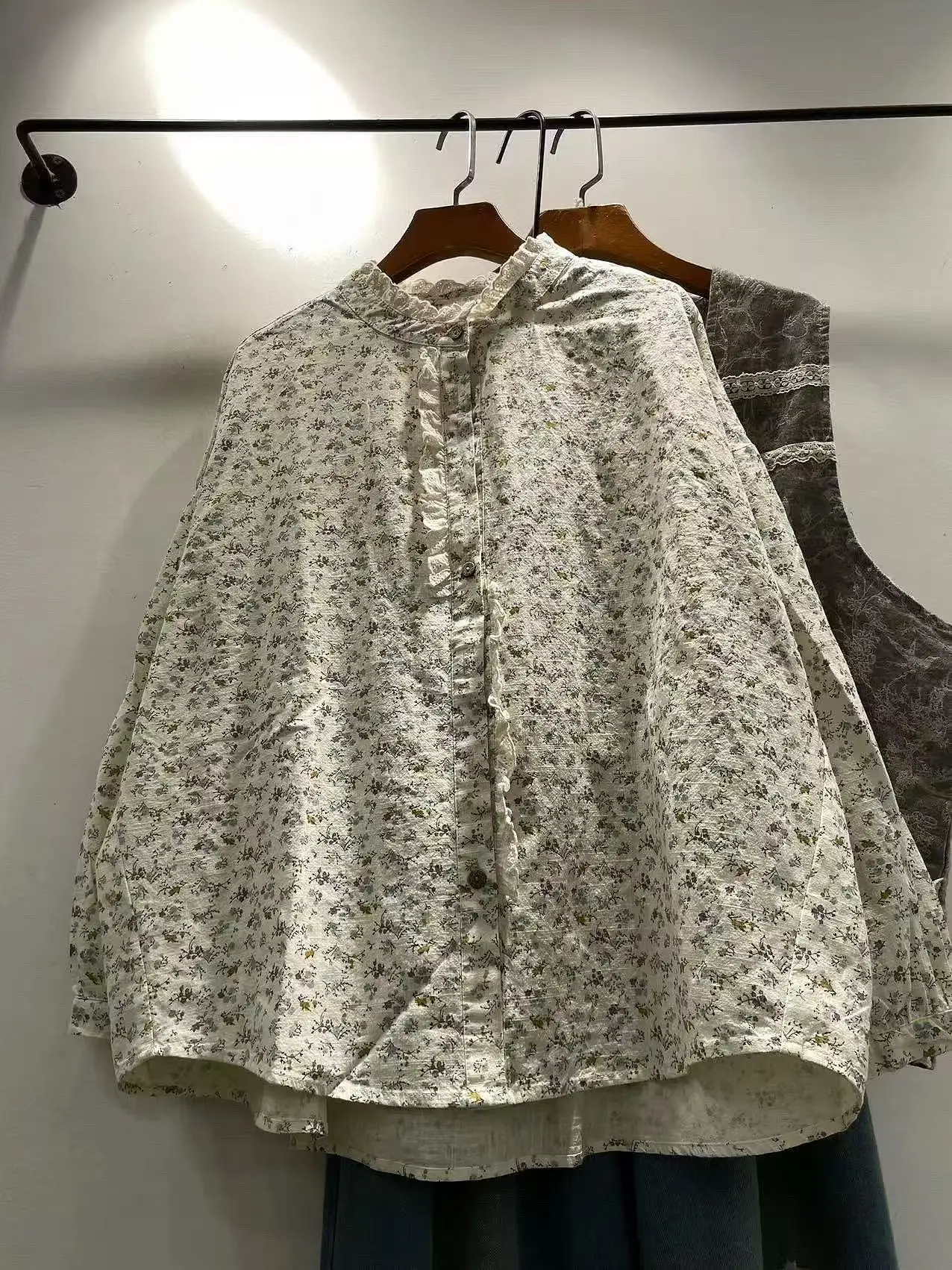 Bust 128cm Mori Kei Clothing Japanese Style Lace Stand Collar Ruffled Print Long Sleeve Shirts and Blouses for Women Vintage Top