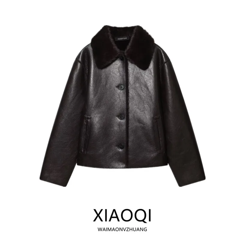 

Double-Sided Fake Leather Jaet Women's Loose Versatile New Winter Outerwear Faionable European Sle Long Sve Button C...