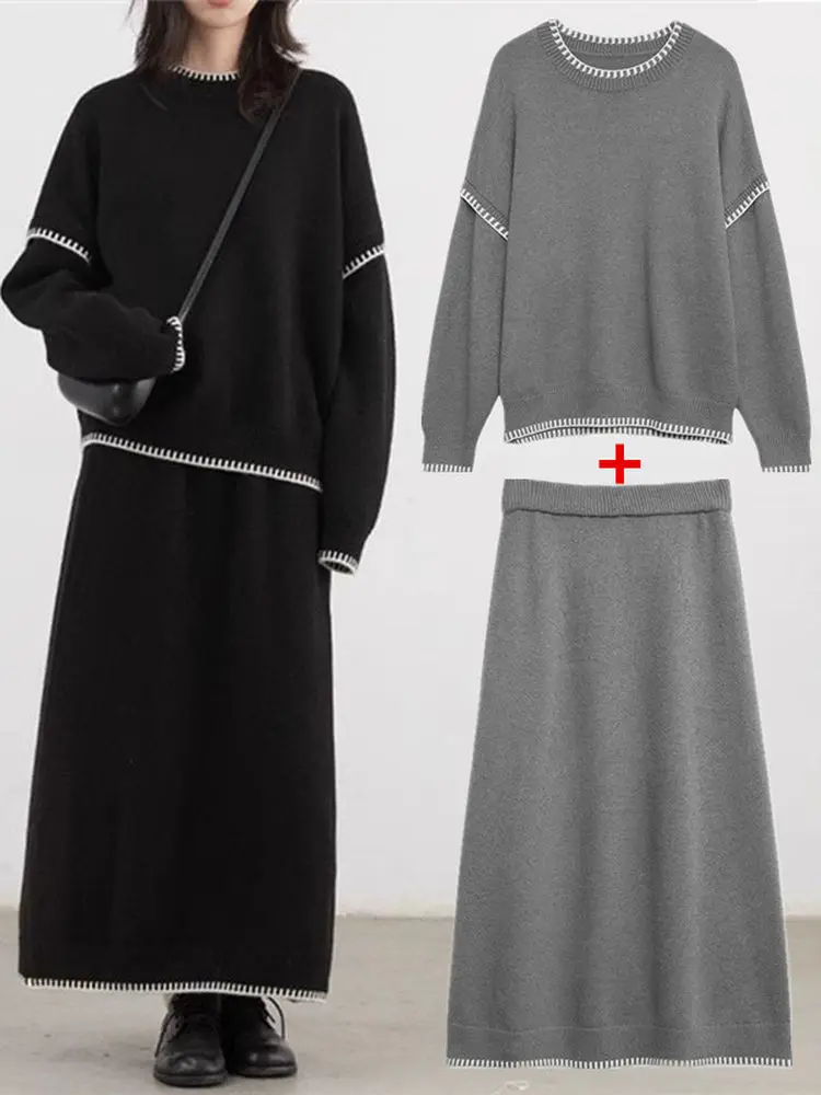 

Корейский осенне-зимний вязаный комплект: свитер и юбка, круглый вырез, мягкий, теплый, повседневный, шикарный, из двух предметов