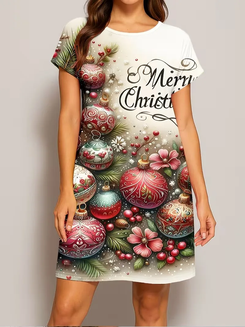 Ladies' Christmas Party Dress 3D Christmas Tree Christmas Gift Print Dress Round neck Short Sleeve Casual A-line Mini Dress