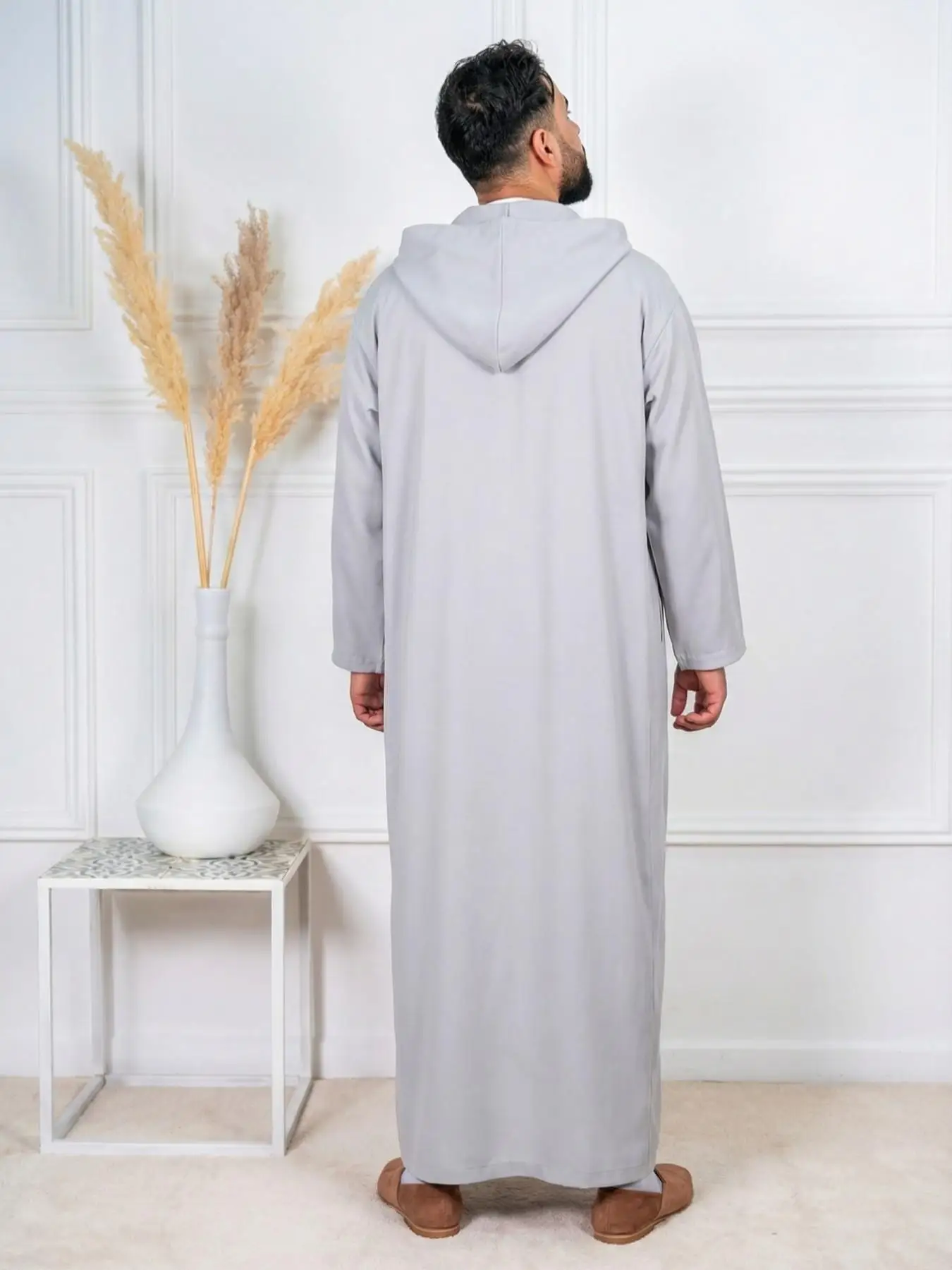 Muslimische Graue Herren Langarm-Kapuzenrobe, Locker Geschnittene Kleidung im Nahost-Arabischen Ethnischen Stil, Gebetskleidung, Lässiges Langes Gewand