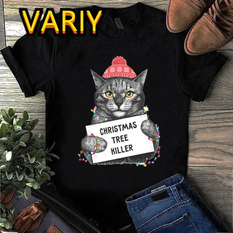 Cute Black Cat Graphic Print T-Shirts Women Christmas Casual Top New Year Tshirts Cartoon Short Sleeve Gift T Shirt Lady Clothes