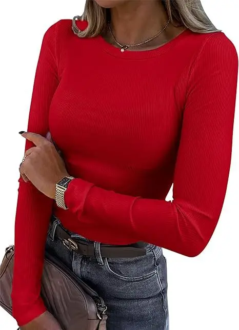 

2025 Women's T-shirt O-neck Thread Slim Fit Long-sleeved Solid Color Pullover Basic Casual Versatile Tees for Female