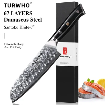 TURWHO 7" Japanese Style Santoku Knife Damascus Steel Professional Chef Knife Slicing Meat Cleaver Beef Kitchen Cooking Tools 1