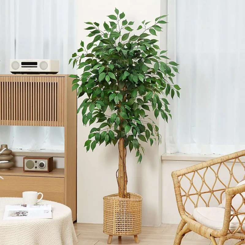 Imagem -02 - Árvores Artificiais Ficus com Folhas e Tronco Realistas Árvore de Seda Falsa com Vaso de Plástico Conjunto de 2