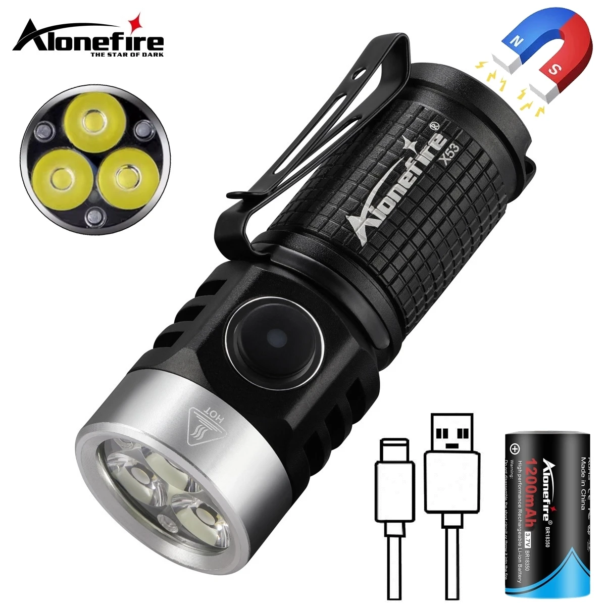 6500K Flashlight 3xLed Bright Rechargeable Portable Clip flash light Magnet Night llighting Outdoor Camping Work Car Repair Lamp