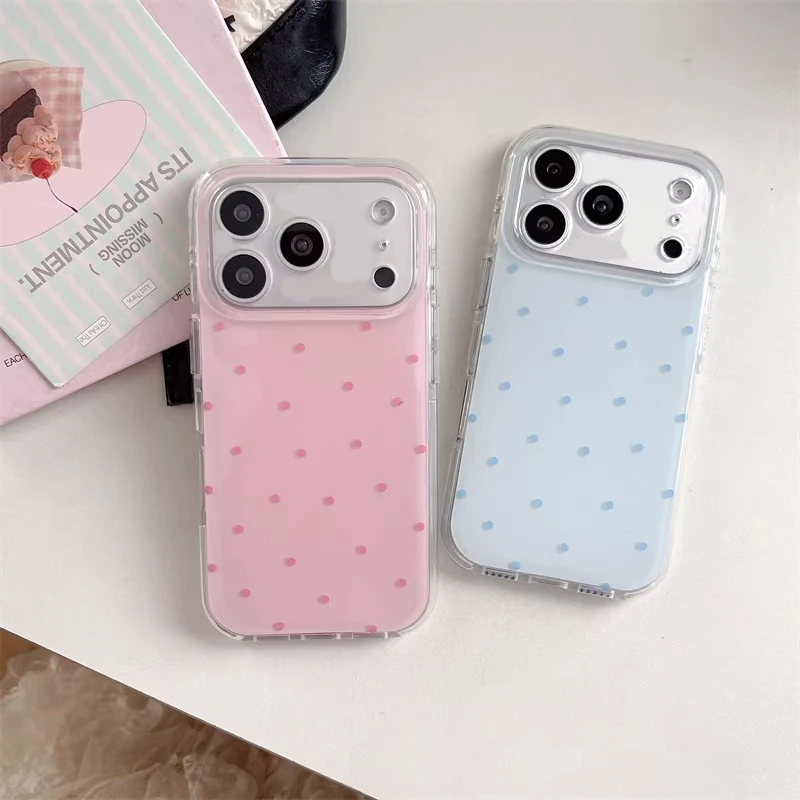 Korean Ins Girl Simple Blue Pink Polka Dot Cartoon Phone Case For iPhone 17 Air 16 15 14 13 12 11 Pro Max Plus Y2K Cute Cover
