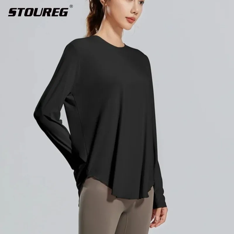 

STOUREG Women's sports ice yoga shirt, round neck loose breathable training morning run gym versatile long sleeved T-shirt