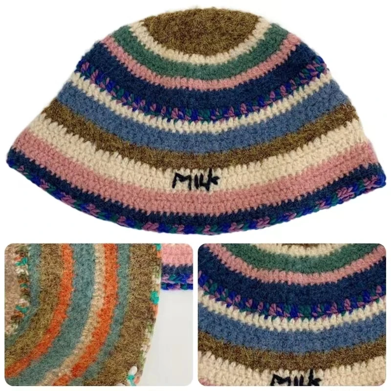 Gradient Wool Striped Bucket Hat For Women Winter Thicken Warm Knitted Panama Bob Female Plush Fisherman Hats Basin Caps Gorros