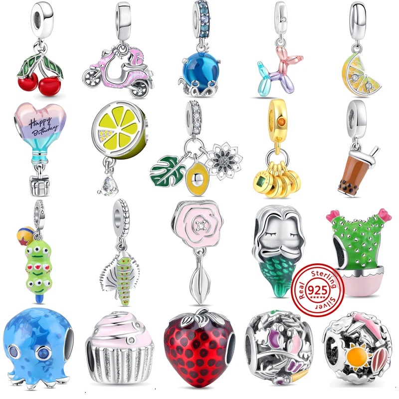 

New 925 Silver Jellyfish Strawberry Cherries Lemon Summer Dangle Charms Pendant Fit Original Pandora Bracelet Women Jewelry DIY