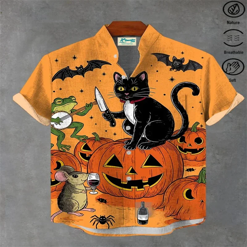 2026 Bamboo and Hemp Halloween Ghost Skull Printed Men's Button Pocket Shirt Pumpkin Printed Men's Stand up Collar Shirt