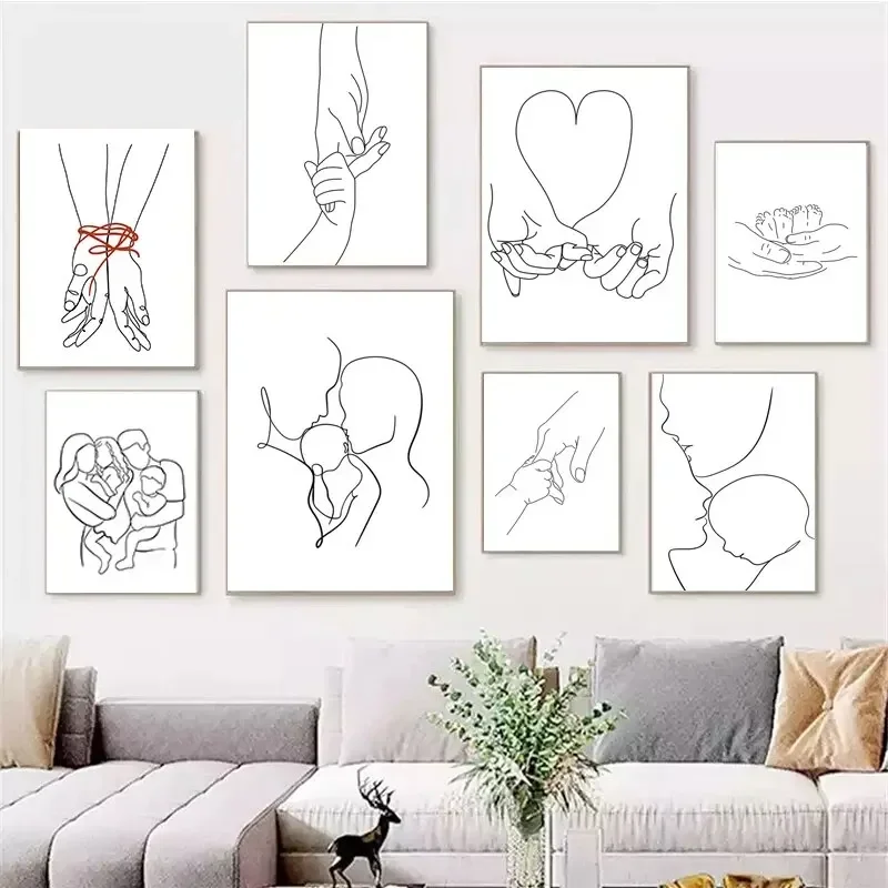 1pc frameless Canvas Painting Family Portrait Minimalist Baby Line Drawing Canvas Painting Posters and Prints Wall Art Picture F