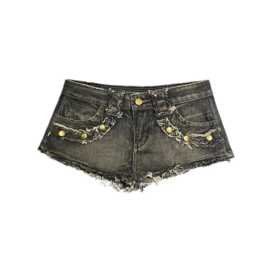 

Y2k Spice Girl Retro Rivet Rough Edge Low Waist Denim Super Shorts Women's Summer New Slim and Thin Hip-wrapped Hot Pants