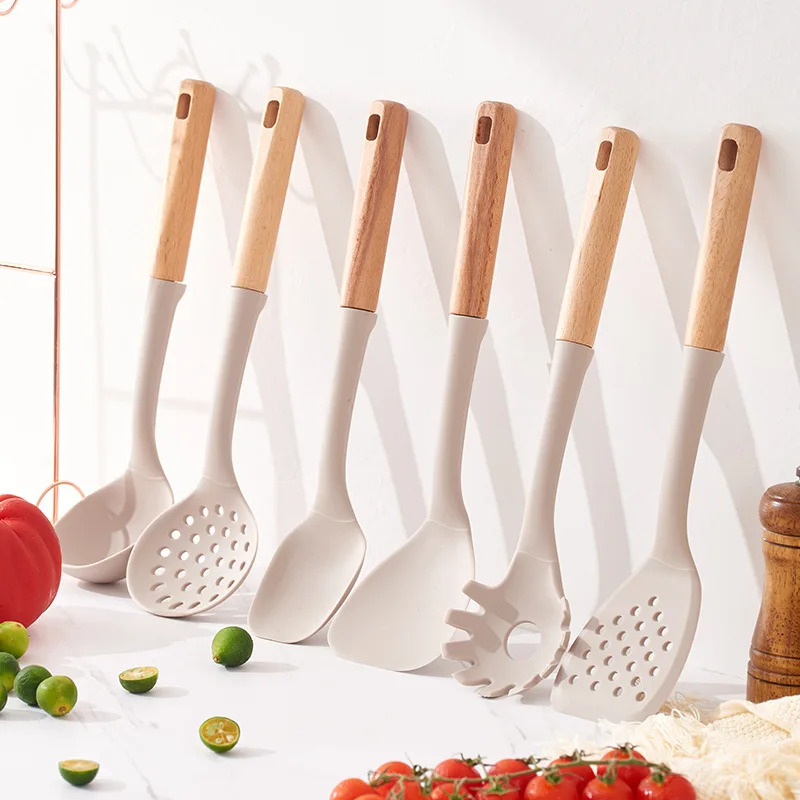 For Nordic ins wind non-stick pan silicone shovel spoon log handle kitchen utensils set kitchen tools household simplicity