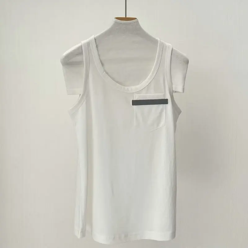 

25 Women's Spring Summer Sleeveless T-Shirt Heavy Industry Beaded U-Neck All-match Top