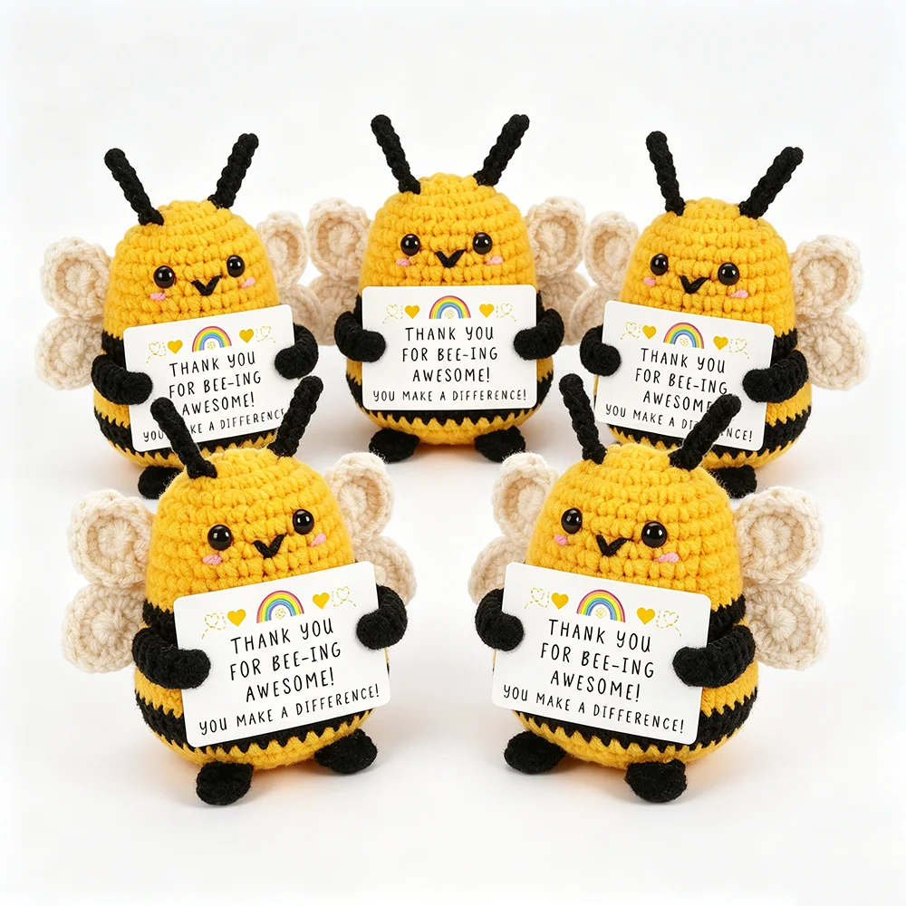 Funny Crochet Positive Bee Emotional Support Cute Crochet Handmade Ornaments with Positive Card Cheer Up Gift for Best Friend