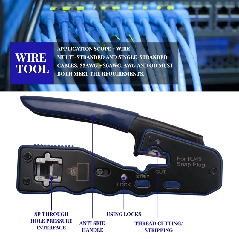 Ethernet RJ45 Pass Through Crimping Tool Bundle With CAT6 RJ45 Pass Through Ethernet 50U Modular Plug 25 Pack