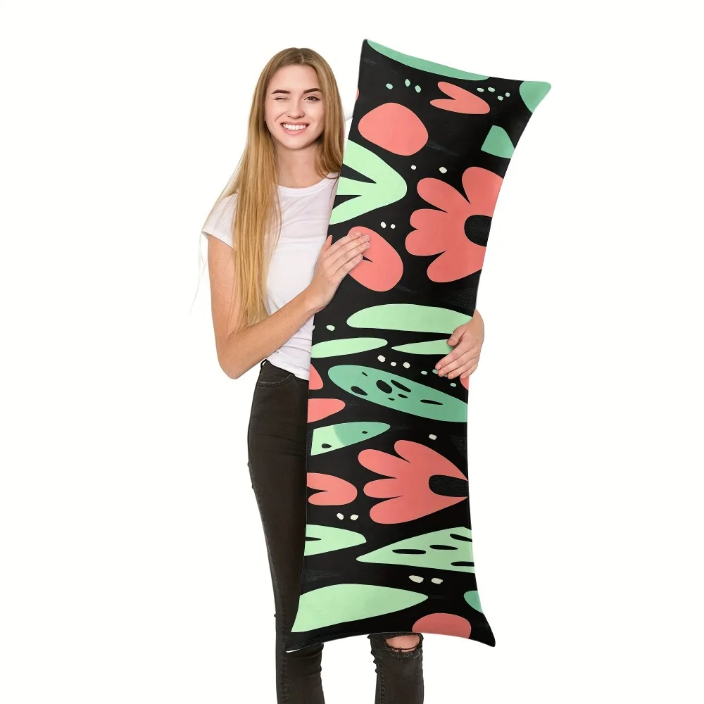 A Double-sided Vintage Abstract Print Long Pillowcase - Featuring Vibrant Pink, Green, and Mint Colors on a Dark Background, wit
