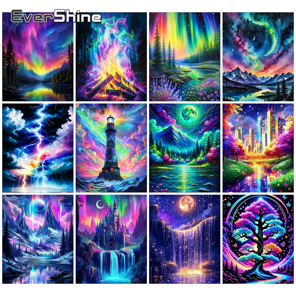 EverShine Diamant-Stickerei Aurora-Landschaft Vollquadrat Rundes Mosaik Baum Kreuzstich-Gemälde Wasserfall DIY Handgemachtes Hobby