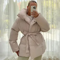 Winter Thick Stand Collar Parkas Women Fashion Tie Waist Short Coats Elegant New Solid Puffer Jackets Female Ladies Streetwear