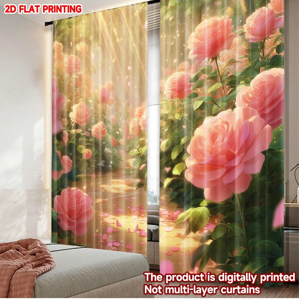 

2D flat printing 2pcs Party Curtain Blossoming Rose Garden Path Digital Printed Polyester Drapes All Season Party & Holiday