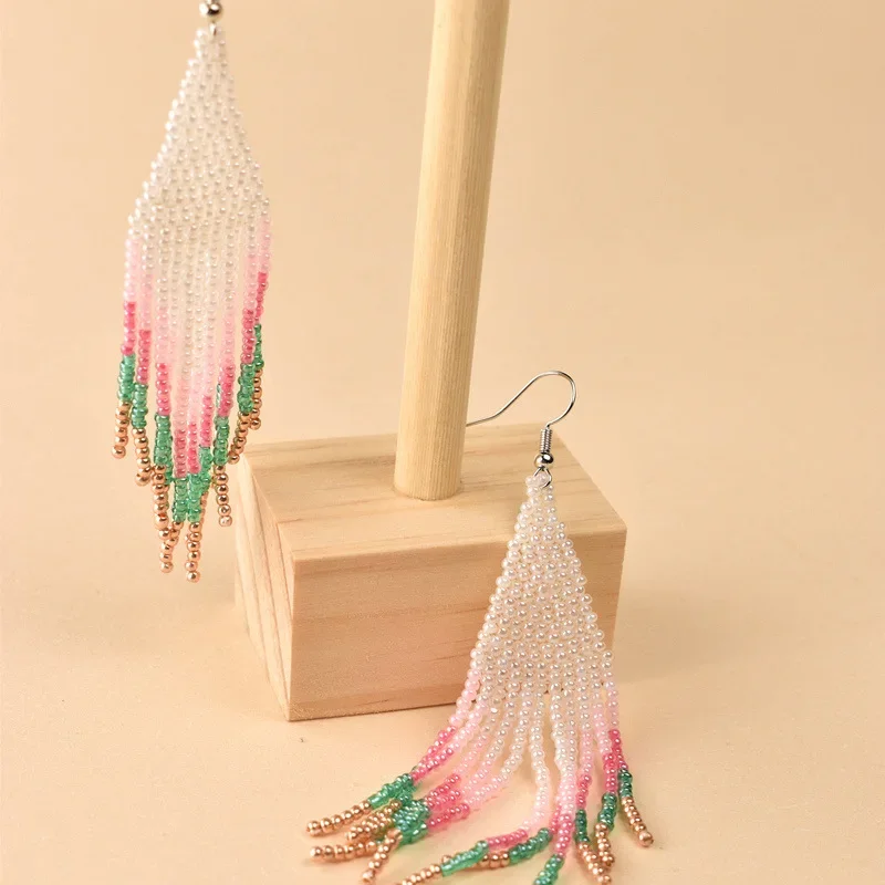 Rice Bead Earrings  Hand knitting  Beaded  Gradient  Simplicity  Bohemia  geometry  Rice pearl  alloy  ma'am  Tassel Earrings