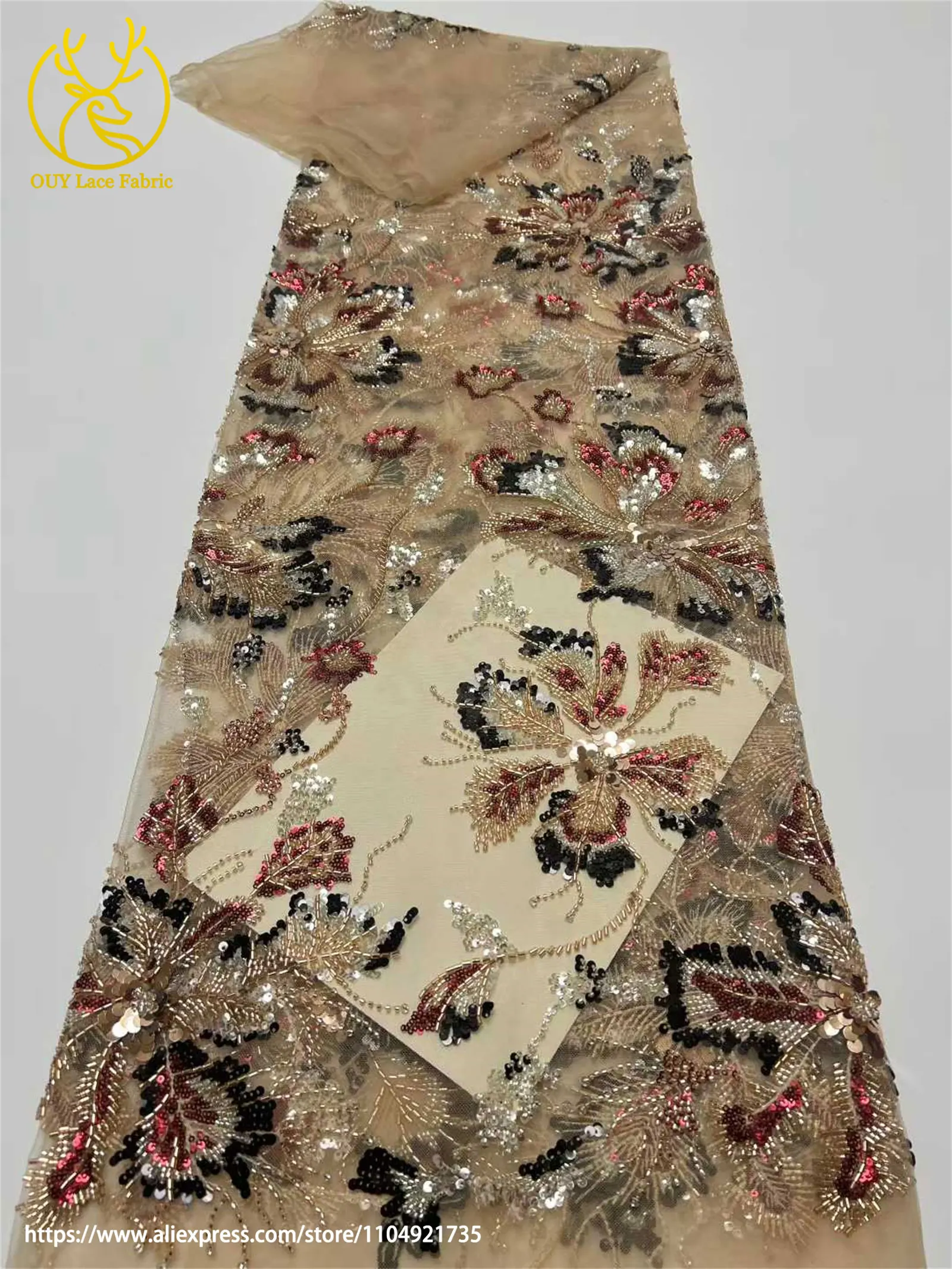 Afrikanischer Netz-Stickerei-Pailletten-Spitzenstoff 2026 Luxuriöser Französischer Tüll Perlenbesetzter Stoff für Damen-Partykleider Nähstoff 5 Yards – Detail 5