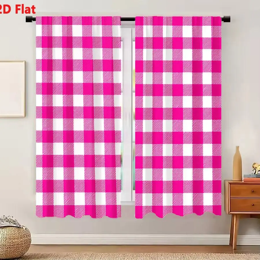 2Pcs Curtains 2D Flat Magenta And White Gingham Check Pattern With Textured Squares For Picnic Blanket Window Drapes for Bedroom