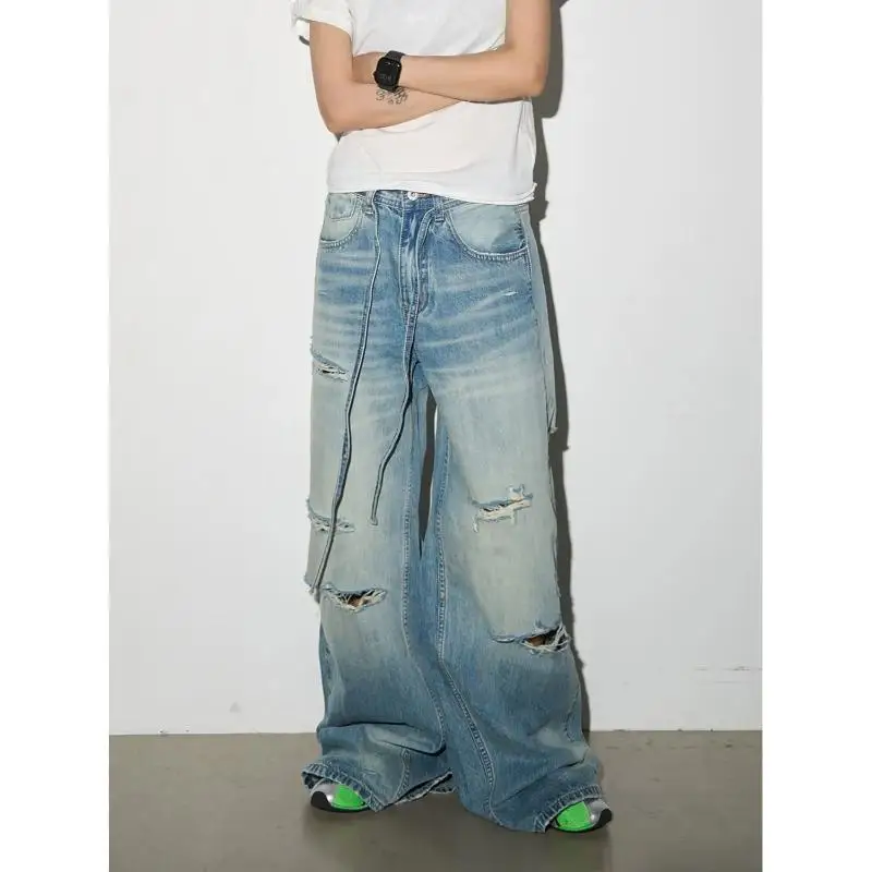 Men's Hole Design Retro Blue Jeans Casual Wide Legs Sweatpants Boys Pants Street Bottom Male High Waist Unisex Baggy Trousers