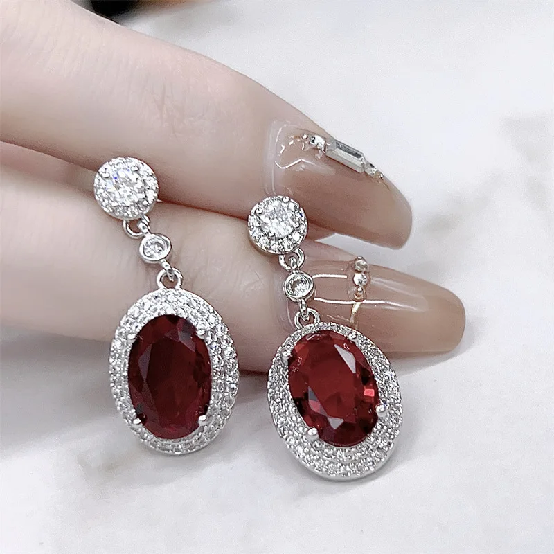 Luxury 925 Silver Red Zircon Geometry Necklace Earrings Ring 3 Pieces Set Banquet Wedding Anniversary Gift Women\'s Jewelry Set