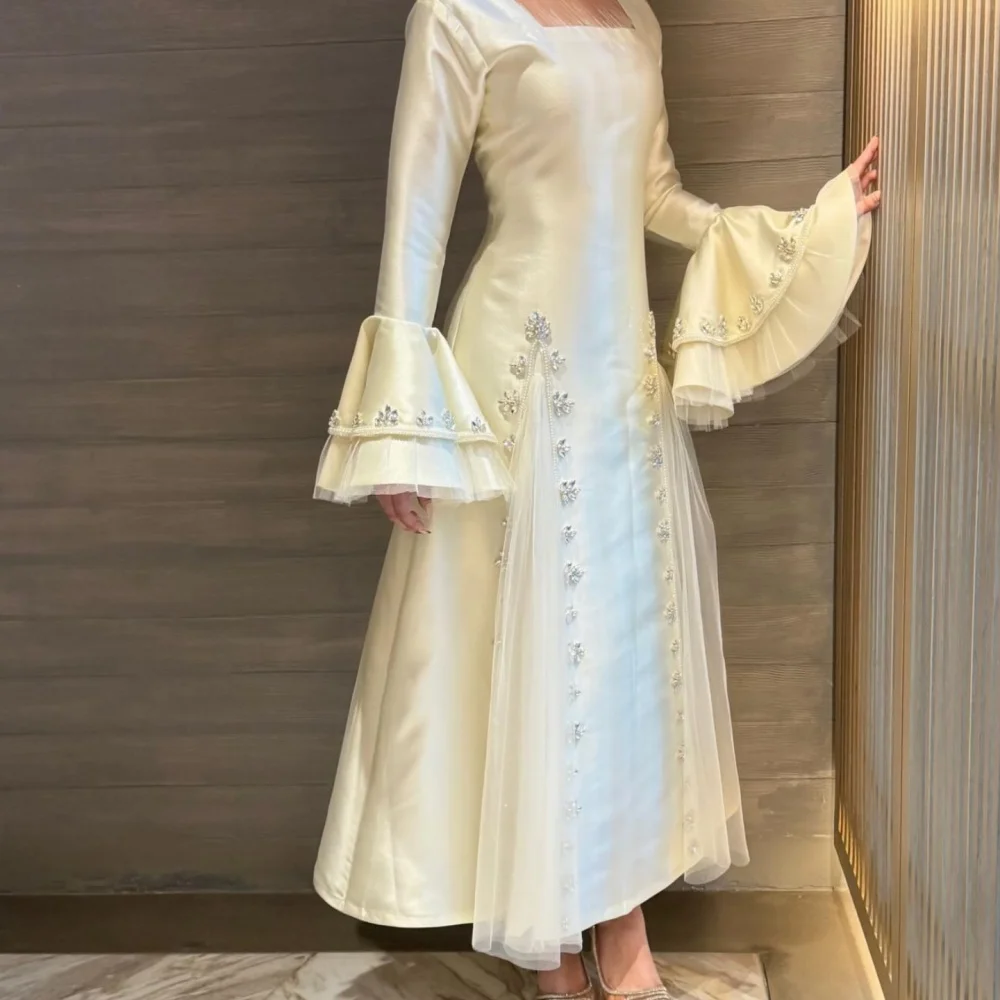 

Индивидуальный пошив: Высококачественное вечернее платье с блестками и стразами, квадратный вырез, силуэт А-силуэт, миди. Элегантное платье для особых случаев, вечеринок и свадеб.