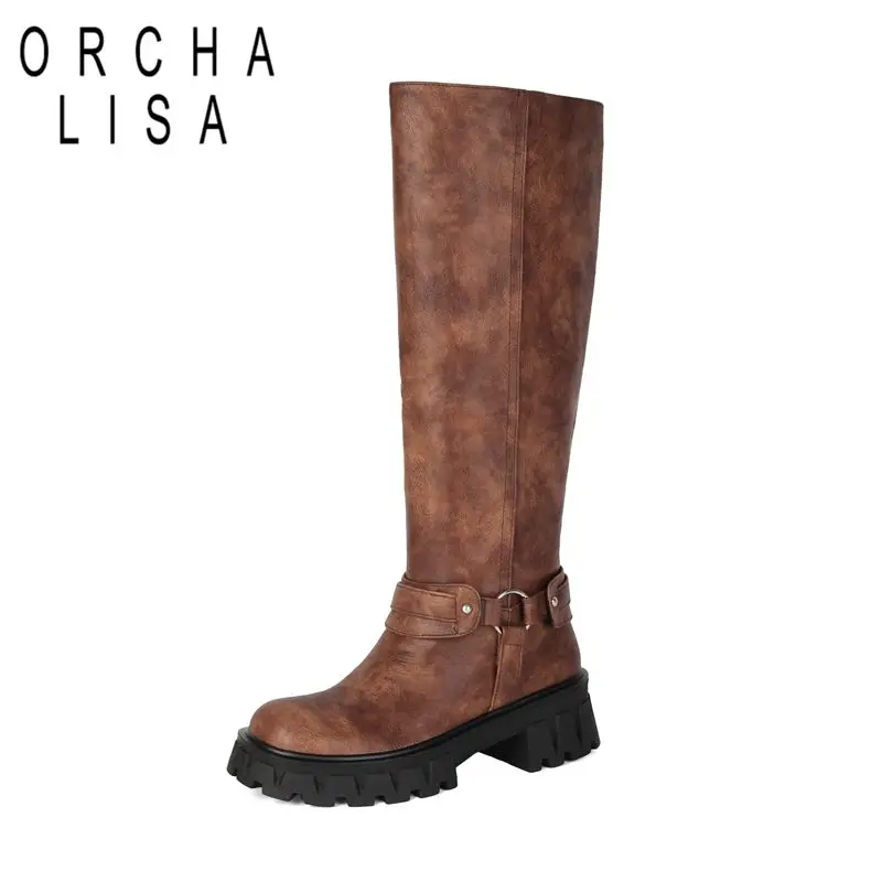 ORCHA LISA Green Women Knee High Boots Round Toe 5cm Block Heel 2.5cm Platform Slip On Belt Buckle Plus Size 42 43 Casual Botas