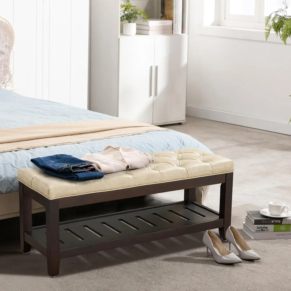 Otomano de armazenamento tufado moderno de 44 polegadas, banco de entrada estofado com pernas de madeira, extremidade confortável do banco de cama para armazenamento elegante