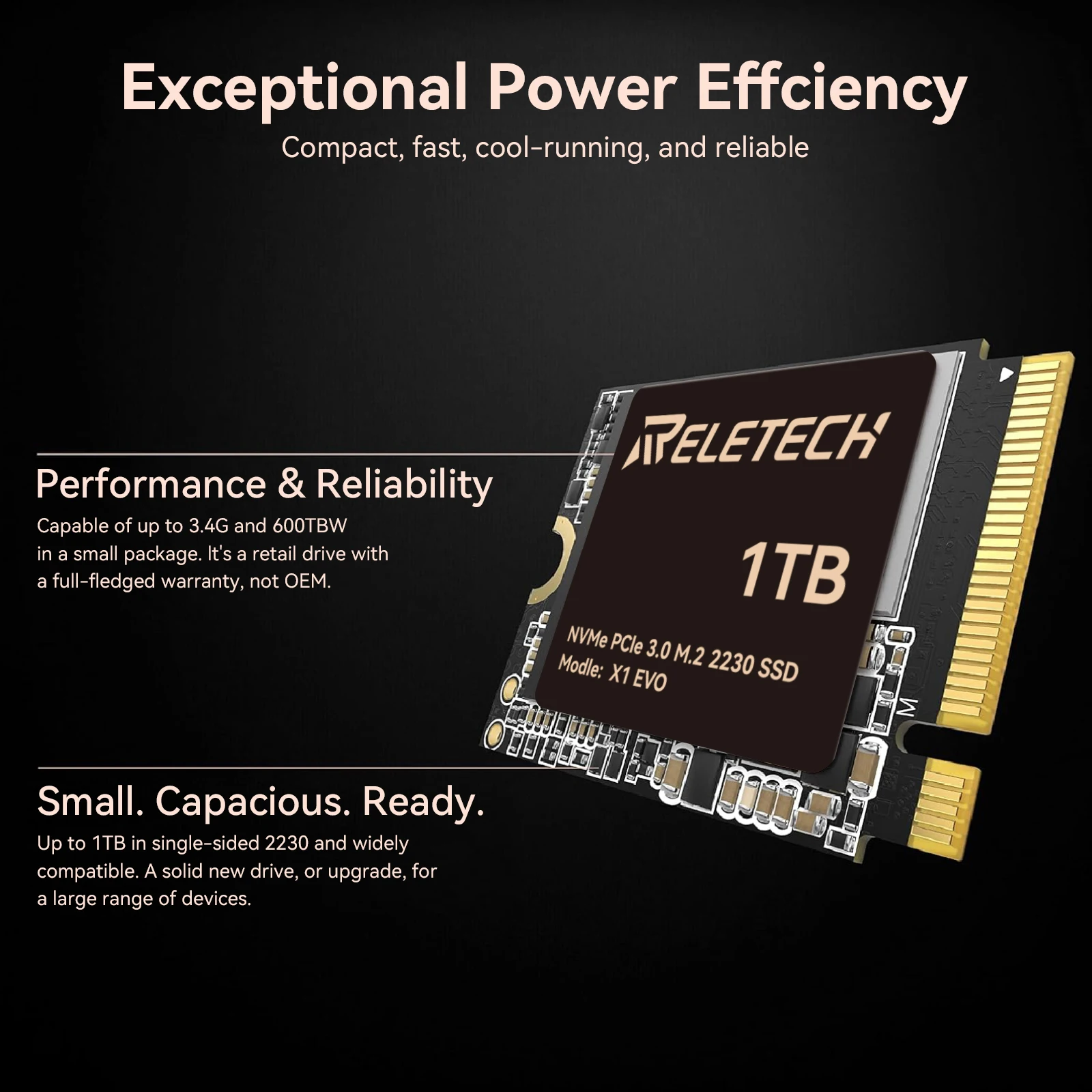 Reletech M.2 2230 SSD 1TB PCIe3.0 Disque Dur M2 SSD NVMe PCIE Pour Steam Deck Microsoft Surface ProX/Pro7 ROG ALLY SSD Remplacer