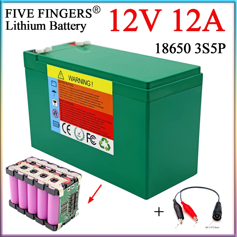 12V 12Ah 18650 Lithium Battery Pack 3S5P Rechargeable Cells For Solar Storage Lighting Outdoor kids Electric Car Toy Sprayer etc