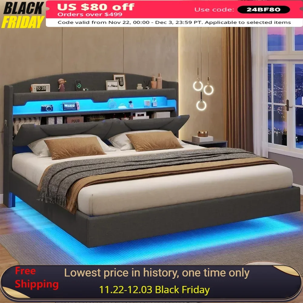 King Size Bed Frame with Type-C Charging Station& Hidden Storage Headboard, RGB Floating Platform Bed Frame