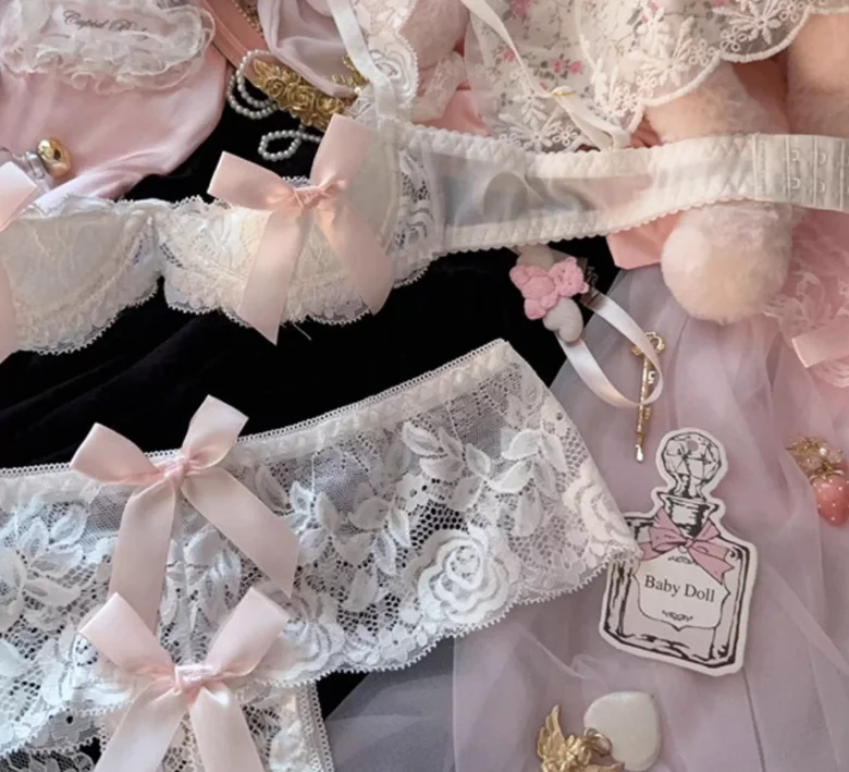Pink Bow Quarter Cup Plunge Bra Set Lace Lingerie for Women No-Remove Sensual Style Underwear Sets