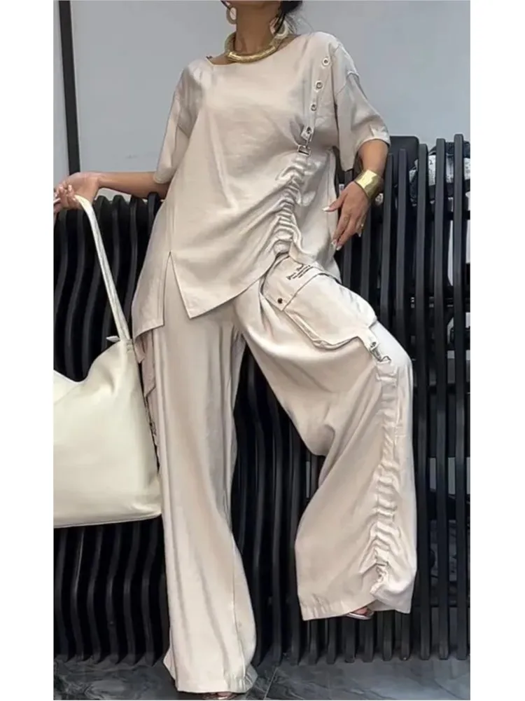 Spring Summer Fashion Shirring 2 Piece Sets Round Neck Pleated Short Sleeve Solid Color Casual Women Pantsuit Two Pieces Set