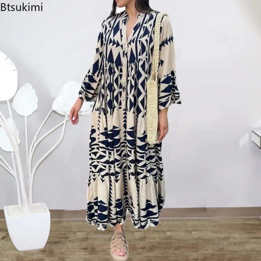 

2025 Women Bohemia Print Dress V-neck Long Sleeve High Waist Single Breasted Long Skirt New Holiday Loose Casual Women's Clothes