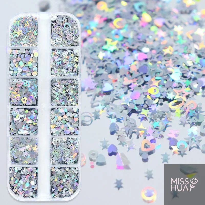 HUA 12 Grids Nail Enhancement Silver Star Love Patterns Laser Nail Glitter Flash Nail Decoration Nail Charm DIY Manicure Tools