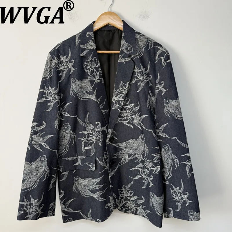 

WVGA Spring Autumn New Man High Street Jacquard Trendy Darkwear Denim Suit Coat Niche Chic Casual Long Sleeve Blazer Ins W12808