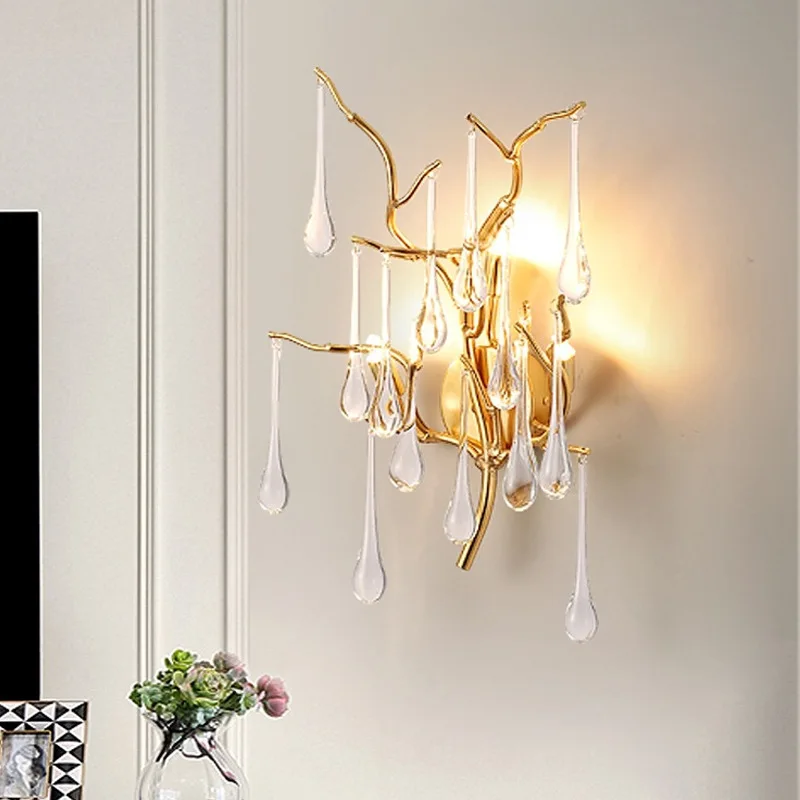 

2024 new bedroom bedside lamp wall lamp post-modern light luxury creative branch crystal master bedroom living room background w