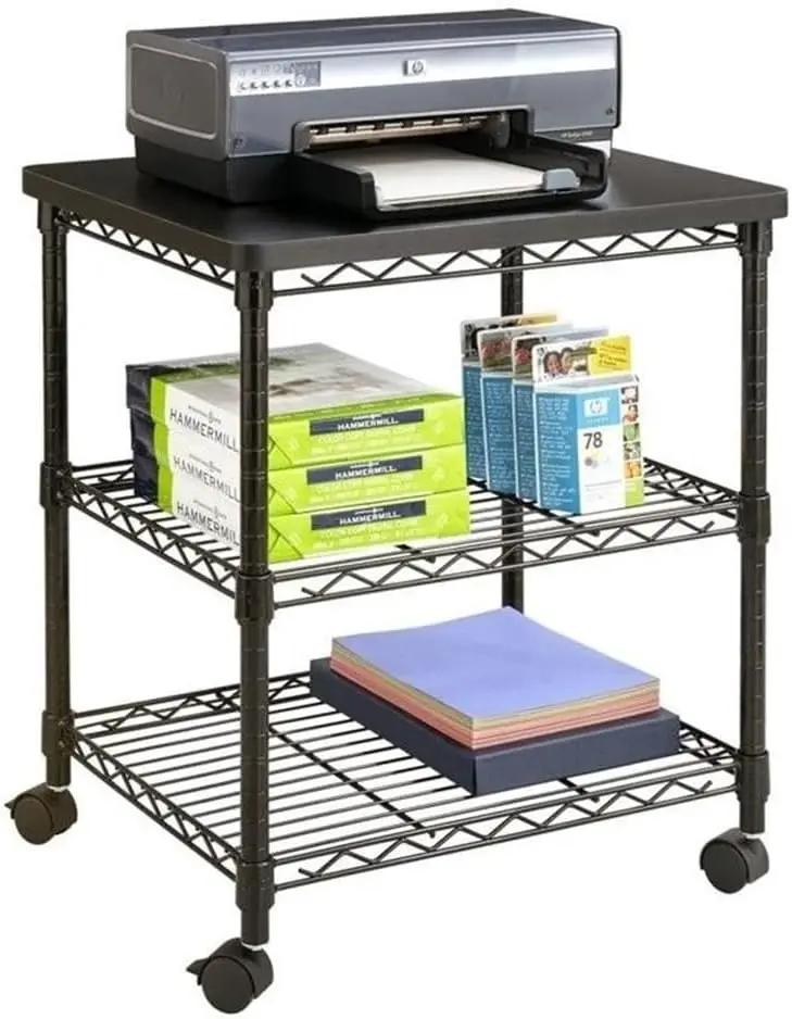 

Deskside 3 Tier Rolling Cart Printer Stand, Mobile Utility Table for Home Office with Steel Shelves, Black