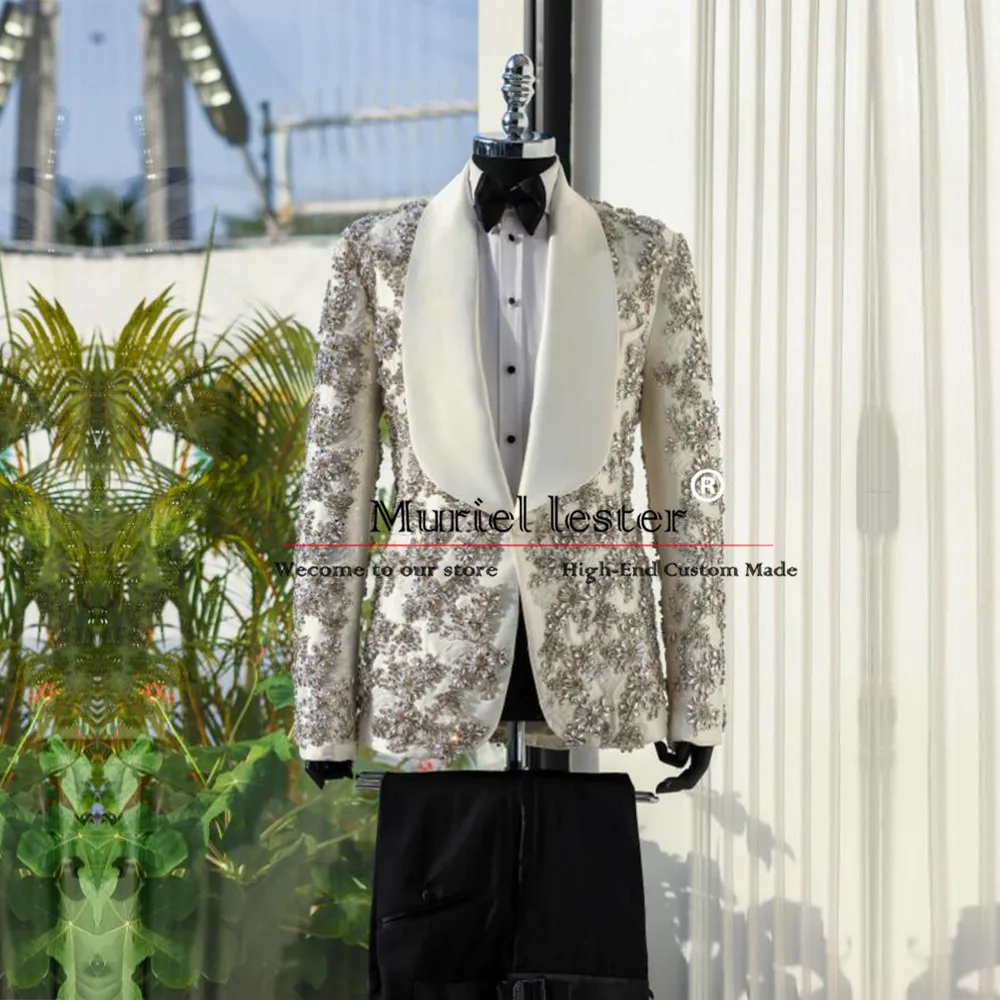 Luxury Wedding Suits For Men Ivory Shawl Lapel Beaded Stone Appliques Jacket With Black Pants 2 Piece Man Evening Groom Tuxedos