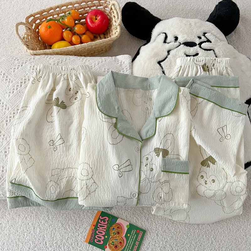Conjunto de pijama de algodón con nube de conejito de dibujos animados para mujer, dulce manga corta, 3 piezas