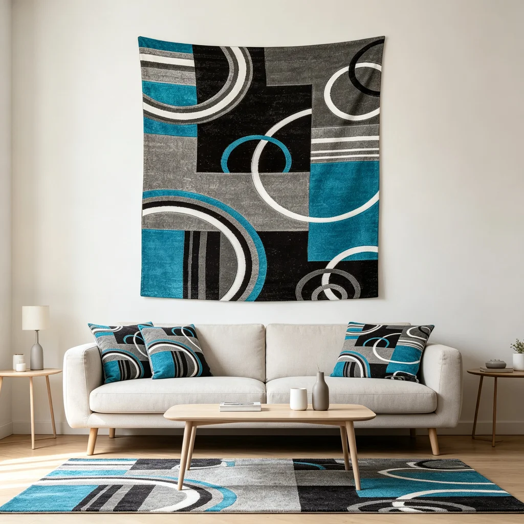 1PC Blue Grey Geometric Art Print Backdrop Banner, Bedroom Living Room Photo Background, Polyester, Home Decor, Wall Art