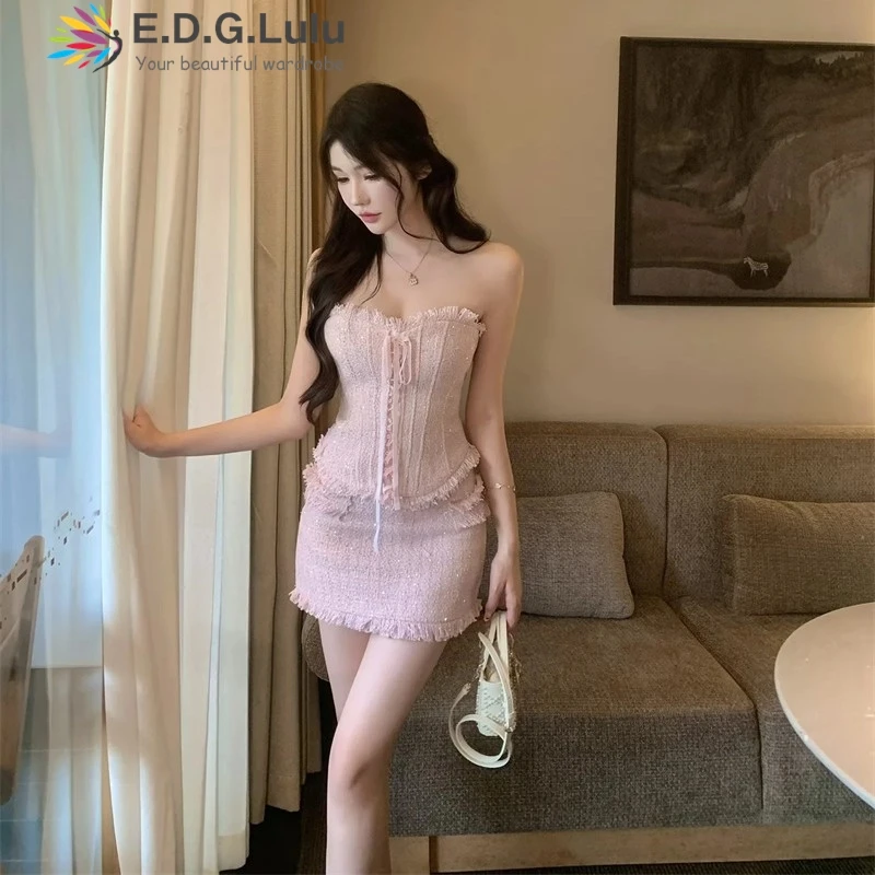

EDGLuLu Two Piece Outfits Woman Drawstring Lace-Up Strapless Splicing Fungus Edge Top+High Waist Mini Skirt Black Pink Suit 0901