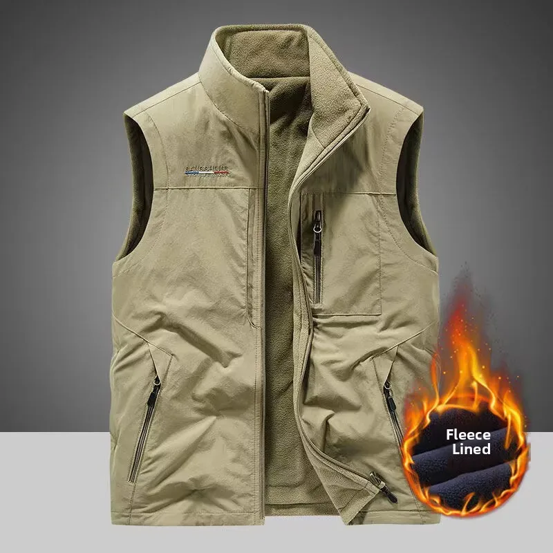

Men's Fleece Lined Thickened Outdoor Sports Vest Autumn Winter Casual Leisure Jacket Stand Collar Large Size Regular Fit