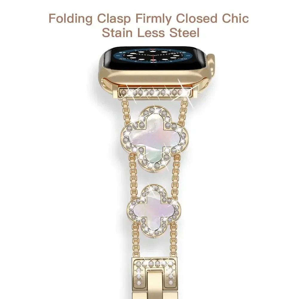 Diamond Four-leaf Clover Metal Strap for Apple Watch Ultra2 Women Band 49/45/44/42/41/40/38mm Iwatch Series 9 8 7 SE 6 Bracelet